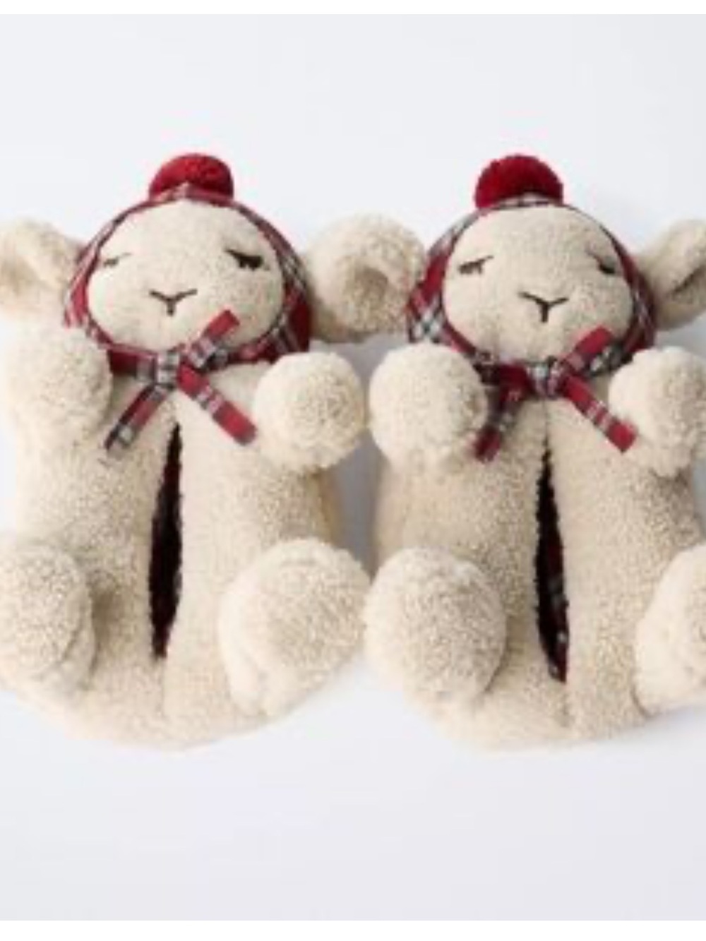 Zara Cream Teddy Bear Slippers with Red Plaid Accents